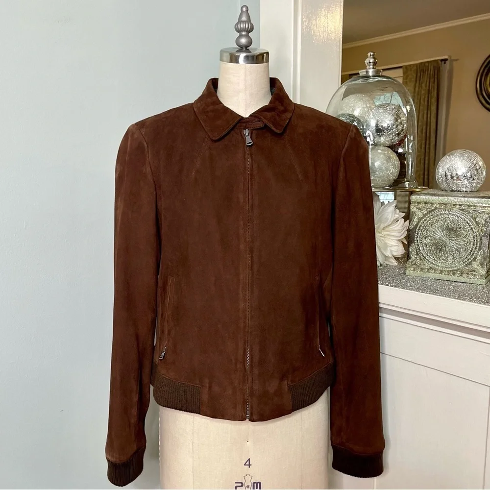 Talbots Brown Suede Leather Bomber Jacket Coat Size 14 - Picture 2 of 15